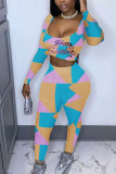 colour Fashion Casual Adult Print Patchwork Square Collar Long Sleeve Regular Sleeve Short Two Pieces