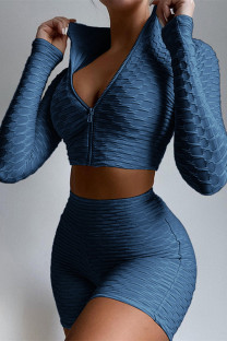 Dark Blue Casual Sportswear Solid Basic Zipper Collar Long Sleeve Two Pieces