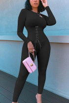 Black Street Patchwork Bandage Patchwork O Neck Skinny Jumpsuits