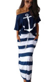 White Fashion Casual Two Piece Suits Patchwork Striped Print Straight Short Sleeve Two-Piece Dr