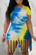 Blue Fashion Print Tie Dye Tassel O Neck Short Sleeve Two Pieces