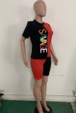 Blue Fashion Europe and America Patchwork Print Two Piece Suits pencil Short Sleeve Two Pieces