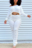 White Fashion British Style Adult Solid Draw String Fold O Neck Long Sleeve Regular Sleeve Short Two Pieces