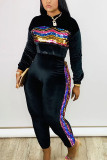 Black OL Fashion adult Solid Two Piece Suits Patchwork Sequin pencil Long Sleeve Two-piece Pant