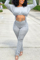 Grey Fashion Casual Adult Solid Fold O Neck Long Sleeve Regular Sleeve Short Two Pieces