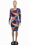 Multicolor Fashion Casual Print Basic O Neck Long Sleeve Dresses