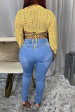 Baby Blue Fashion Casual Solid Basic Mid Waist Skinny Jeans