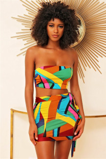 Multi-color Sexy Fashion Patchwork Bandage Print Hip skirt Sleeveless Two-Piece Dress