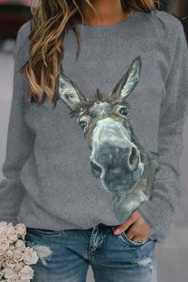 Grey Casual Street Spandex Knitting Print Pullovers Basic O Neck Tops