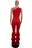 Red Casual Fashion Solid stringy selvedge Asymmetrical Sleeveless one shoulder collar Jumpsui