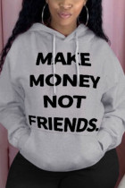 Grey hooded Long Sleeve Print Tops