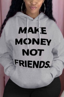 Grey hooded Long Sleeve Print Tops