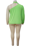 Green Sexy Solid Patchwork One Shoulder Plus Size Tops