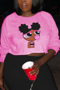 Pink Fashion Casual Adult Print Pullovers O Neck Tops