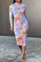 fuchsia Sexy Daily Patchwork Print Patchwork Tie-dye Half A Turtleneck Long Sleeve Mid Calf A Line Dresses