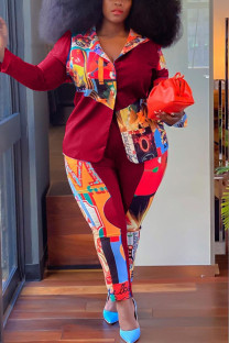 Wine Red Work Daily Print Patchwork Turndown Collar Plus Size 