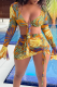 Orange Sexy Print Patchwork V Neck Long Sleeve Two Pieces
