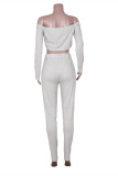 Grey Sexy Casual Solid Strap Design Bateau Neck Long Sleeve Two Pieces