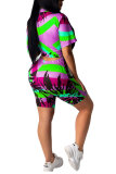 Purple and green Fashion Casual adult Patchwork Print Two Piece Suits Straight Short Sleeve Two Pieces