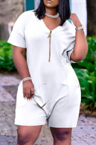 White Fashion Casual Solid Pocket V Neck Loose Romper