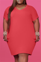 Red Fashion Casual Plus Size Solid Basic V Neck Short Sleeve Dress