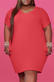 Red Fashion Casual Plus Size Solid Basic V Neck Short Sleeve Dress