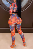 Blue Sexy Print Mesh Half A Turtleneck Long Sleeve Two Pieces