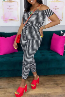 Black Casual Striped Patchwork Off the Shoulder Regular Jumpsuits