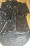 Black Notched Sequin Patchwork Solid Pure Long Sleeve Blazer & Suits &Jacket