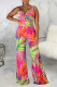 Multicolor Sexy Print Patchwork Spaghetti Strap Straight Jumpsuits
