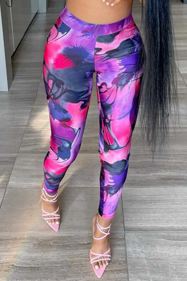 Fuchsia Sexy Print Patchwork Skinny High Waist Pencil Full Print Bottoms