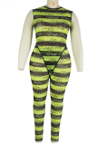 Fluorescent Green Sexy Striped Letter O Neck Plus Size 