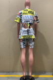 Colour Fashion Casual Print Basic O Neck Short Sleeve Two Pieces