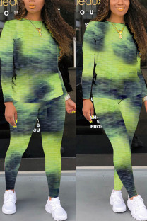Fluorescent Yellow Casual Gradual Change Print Tie Dye Patchwork O Neck Long Sleeve Two Pieces