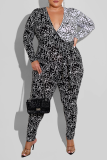 Black Sexy Print Patchwork V Neck Plus Size Jumpsuits
