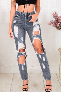 Grey Street Solid Ripped Buttons Mid Waist Regular Denim