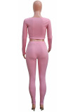 Pink Fashion Casual Adult Solid V Neck Long Sleeve Regular Sleeve Regular Two Pieces