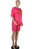 Red Fashion Casual adult Ma'am Print Two Piece Suits Lips Print Straight Short Sleeve Two Pieces