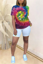 colour White Blue Yellow purple colour O Neck Short Sleeve Patchwork Print Character Tops