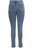 Grey Denim Zipper Fly Button Fly Mid washing Hole Zippered Pocket Skinny Pants Pants