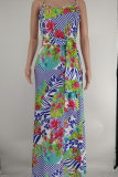 Colorful Blue Sexy Print Patchwork Spaghetti Strap Straight Dresses