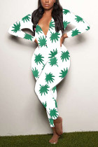 Green Living Print V Neck Skinny Jumpsuits