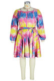 Purple Fashion Casual Plus Size Print Basic O Neck Long Sleeve Dresses