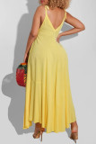 Yellow Sexy Casual Solid Backless V Neck Sling Dress