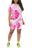 Orange Fashion Active Casual Patchwork Print Tie Dye Straight Short Sleeve Two Pieces