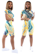 Colorful blue Casual Patchwork Print Gradient contrast color pencil Short Sleeve Two Pieces