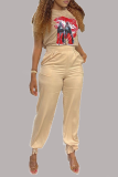 Light Yellow Casual Print Patchwork O Neck Short Sleeve Two Pieces
