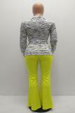Yellow adult OL Fashion Bandage Print Two Piece Suits Patchwork contrast color Loose Long Sleeve