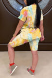 Powder blue Fashion Casual adult Patchwork Print Tie Dye Gradient Two Piece Suits pencil Short Sleeve Two Pieces