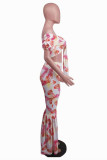 Red Fashion Sexy Print Backless Off the Shoulder Short Sleeve Two Pieces